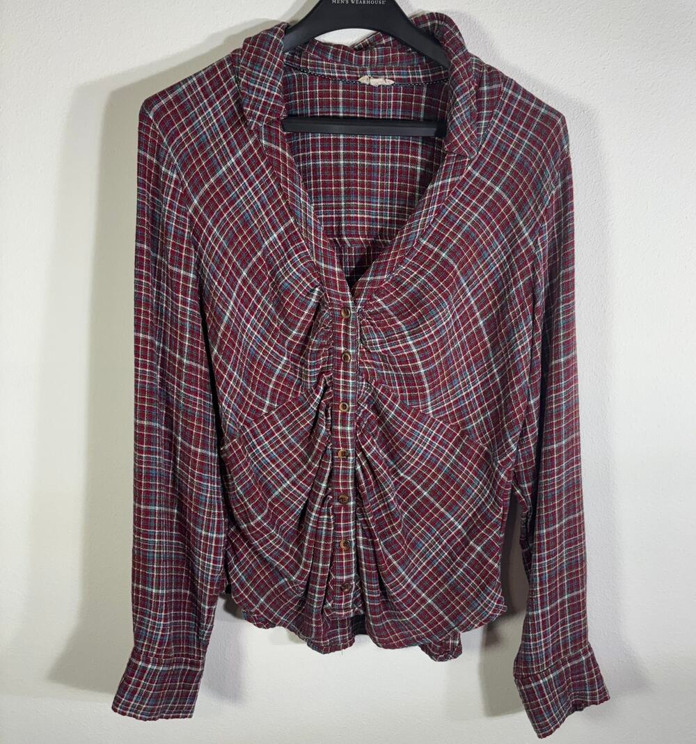 Pilcro Anthropologie Womens L Red Plaid Ruched Button Front Shirt Blouse Boho